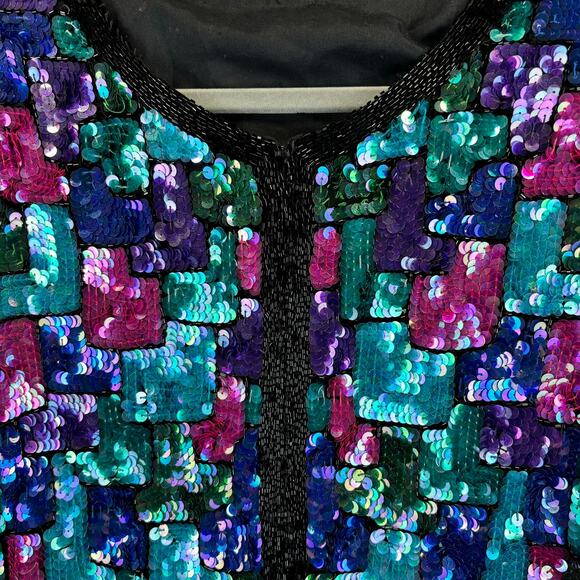 Vtg Stenay Sequin Jacket Large Retro Disco Glam Holiday Colorblock Allover - Picture 5 of 12